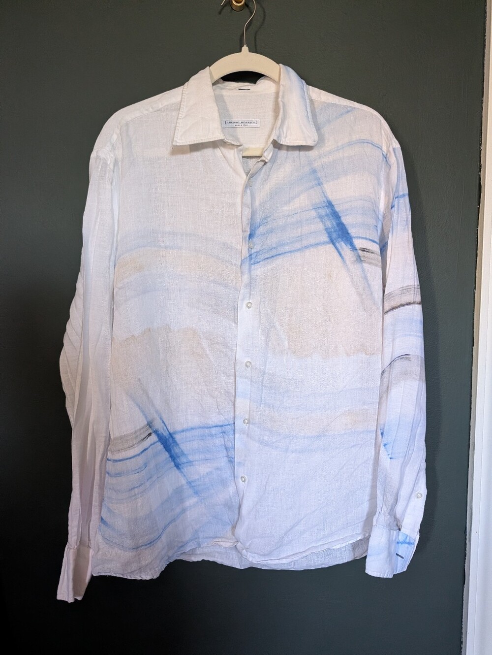Luciano Moresco Mens Linen Button Up With Brush Stroke Detail Made In Italy 🩵